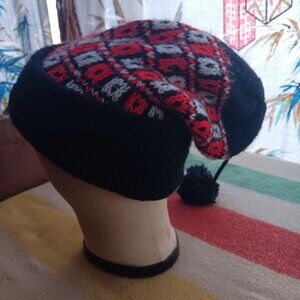True Vintage Knit Beanie Hat Pom-Pom Tassel - 1970's Cottage Hippy Geometric